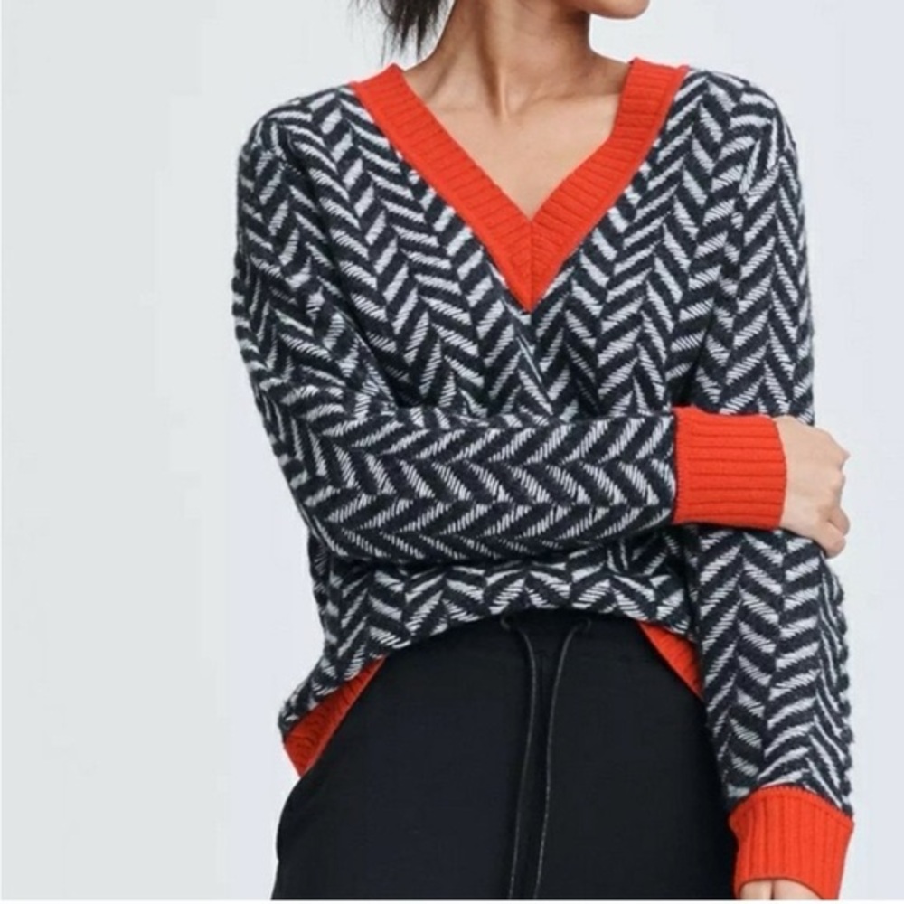 Rag & Bone Biata Black & Red Trim Chevron Sweater